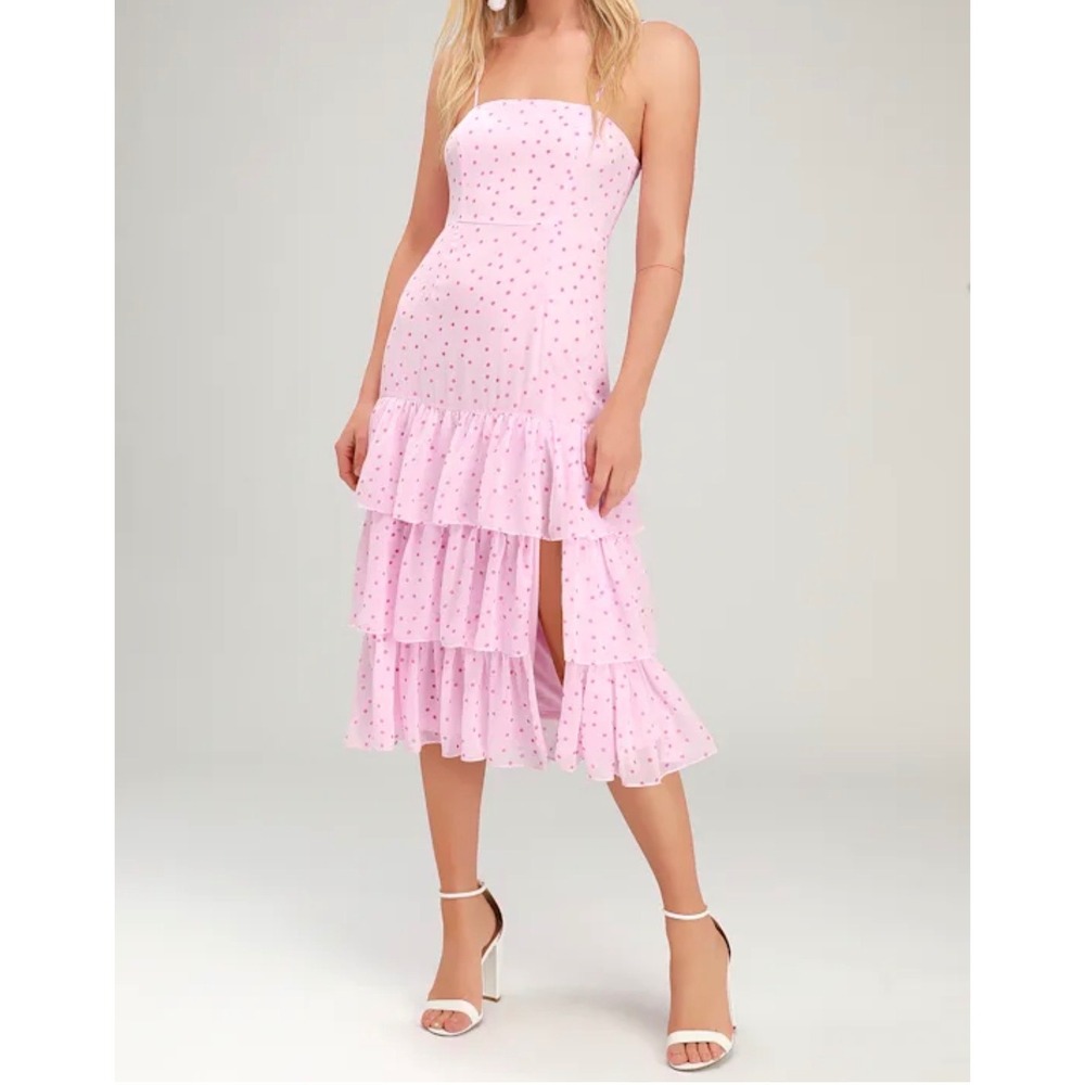 Lulus Nellie Pink‎ Polka Dot Tiered Midi Dress XS Square Neck Ruffle Side Slit